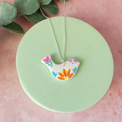 Handmade Polymer Clay Bird Necklace – Colourful Folk Art Pendant Jewellery