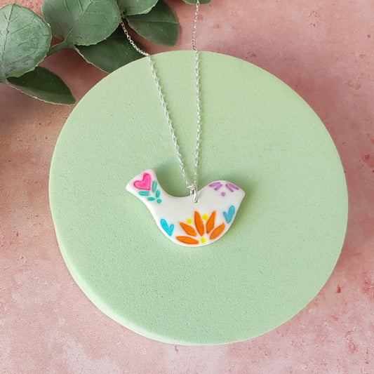 Handmade Polymer Clay Bird Necklace – Colourful Folk Art Pendant Jewellery