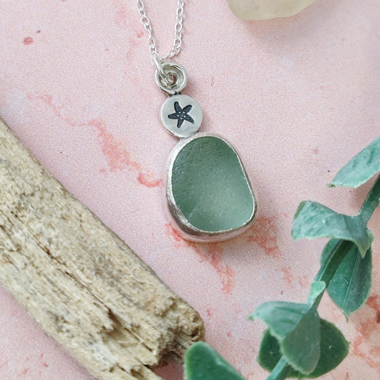 Seafoam Coloured Sea Glass Necklace With Starfish