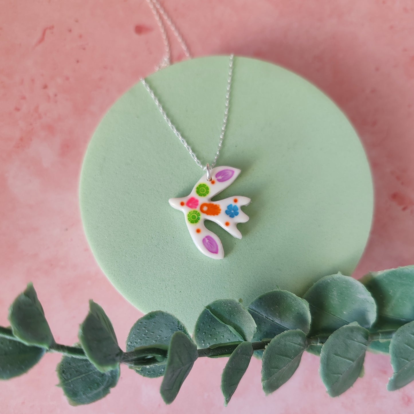 Colourful Folk Art Flying Bird Necklace – Handmade Polymer Clay Pendant on Sterling Silver Chain
