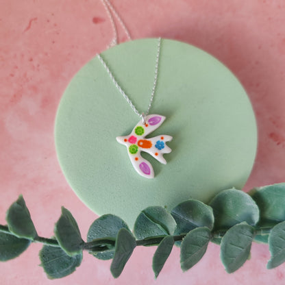 Colourful Folk Art Flying Bird Necklace – Handmade Polymer Clay Pendant on Sterling Silver Chain