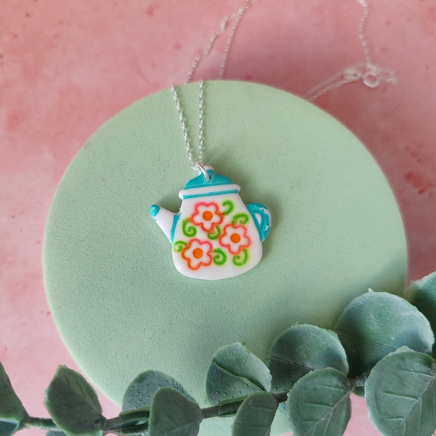 Handmade Polymer Clay Coffee Pot Necklace – Floral Folk Art Pendant on Sterling Silver Chain