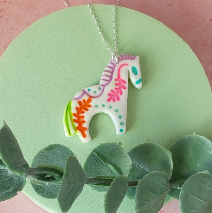 Handmade Folk Art Horse Necklace – Polymer Clay Pendant on Sterling Silver Chain