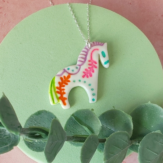 Handmade Folk Art Horse Necklace – Polymer Clay Pendant on Sterling Silver Chain
