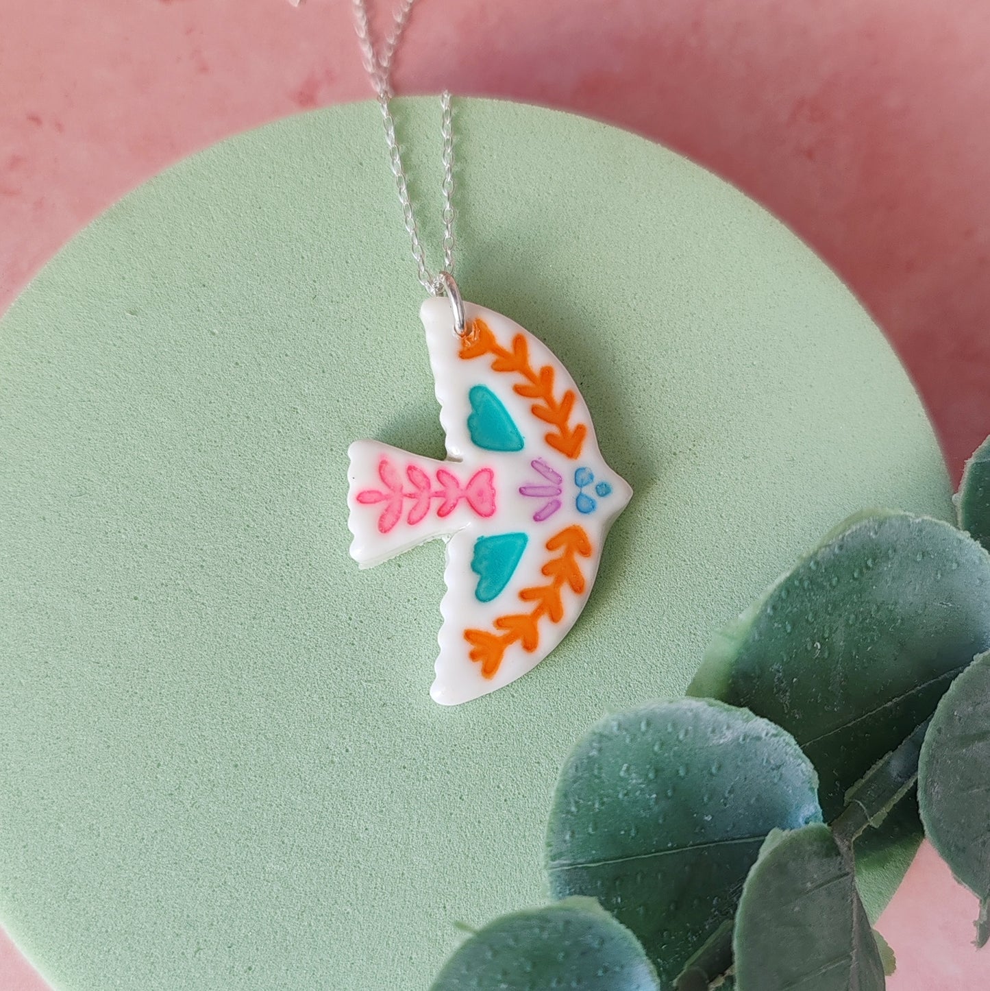British Folk Art Bird Pendant – Polymer Clay & Sterling Silver Necklace – Handcrafted Whimsical Jewellery