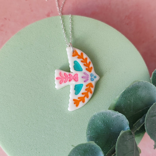 British Folk Art Bird Pendant – Polymer Clay & Sterling Silver Necklace – Handcrafted Whimsical Jewellery