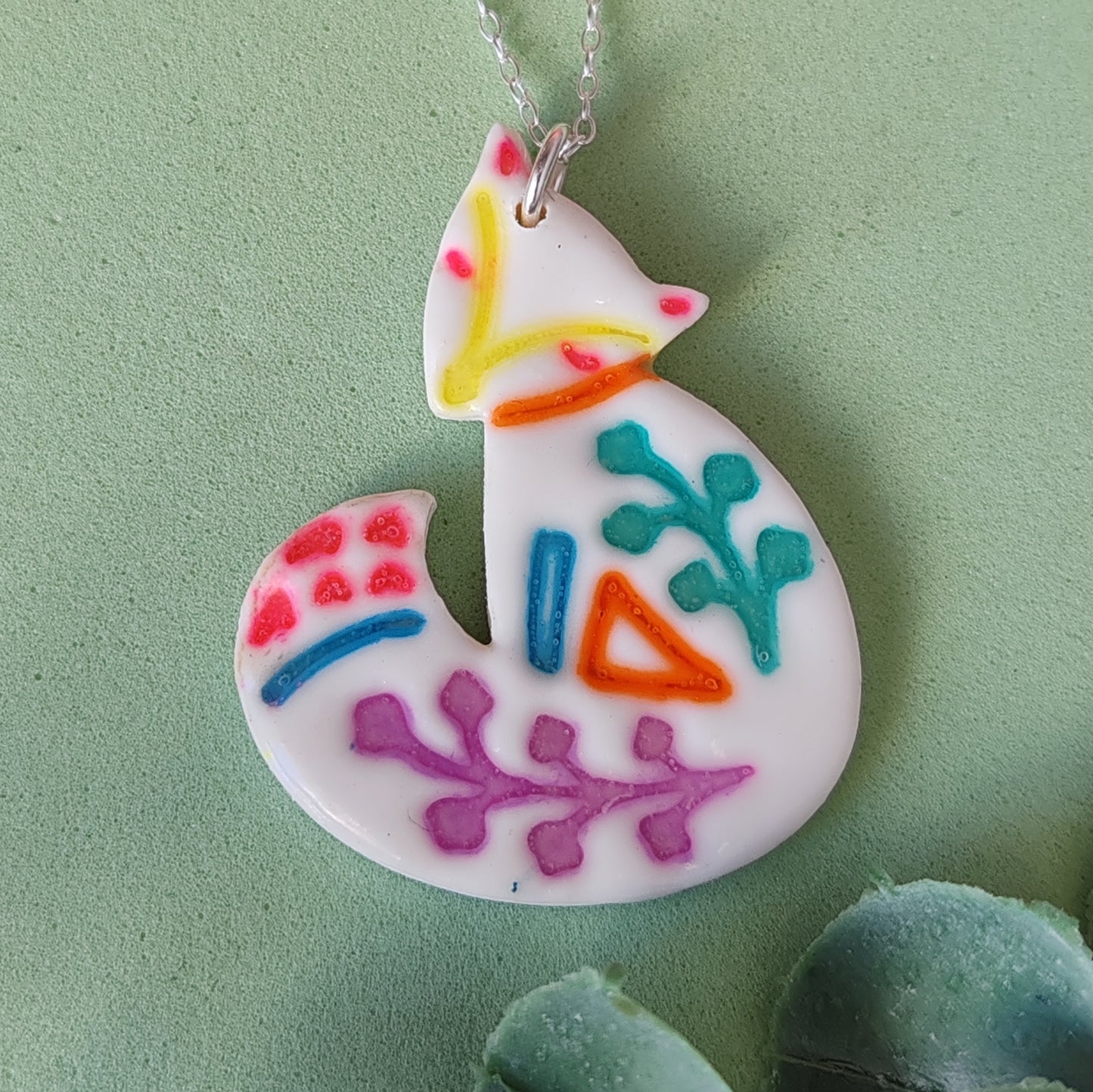 Handmade Polymer Clay Fox Necklace – Colourful Folk Art Pendant on Sterling Silver Chain
