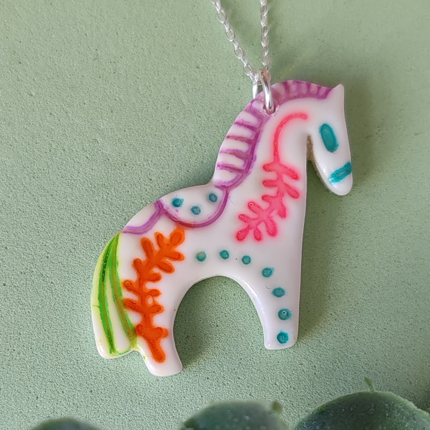 Handmade Folk Art Horse Necklace – Polymer Clay Pendant on Sterling Silver Chain
