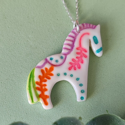 Handmade Folk Art Horse Necklace – Polymer Clay Pendant on Sterling Silver Chain