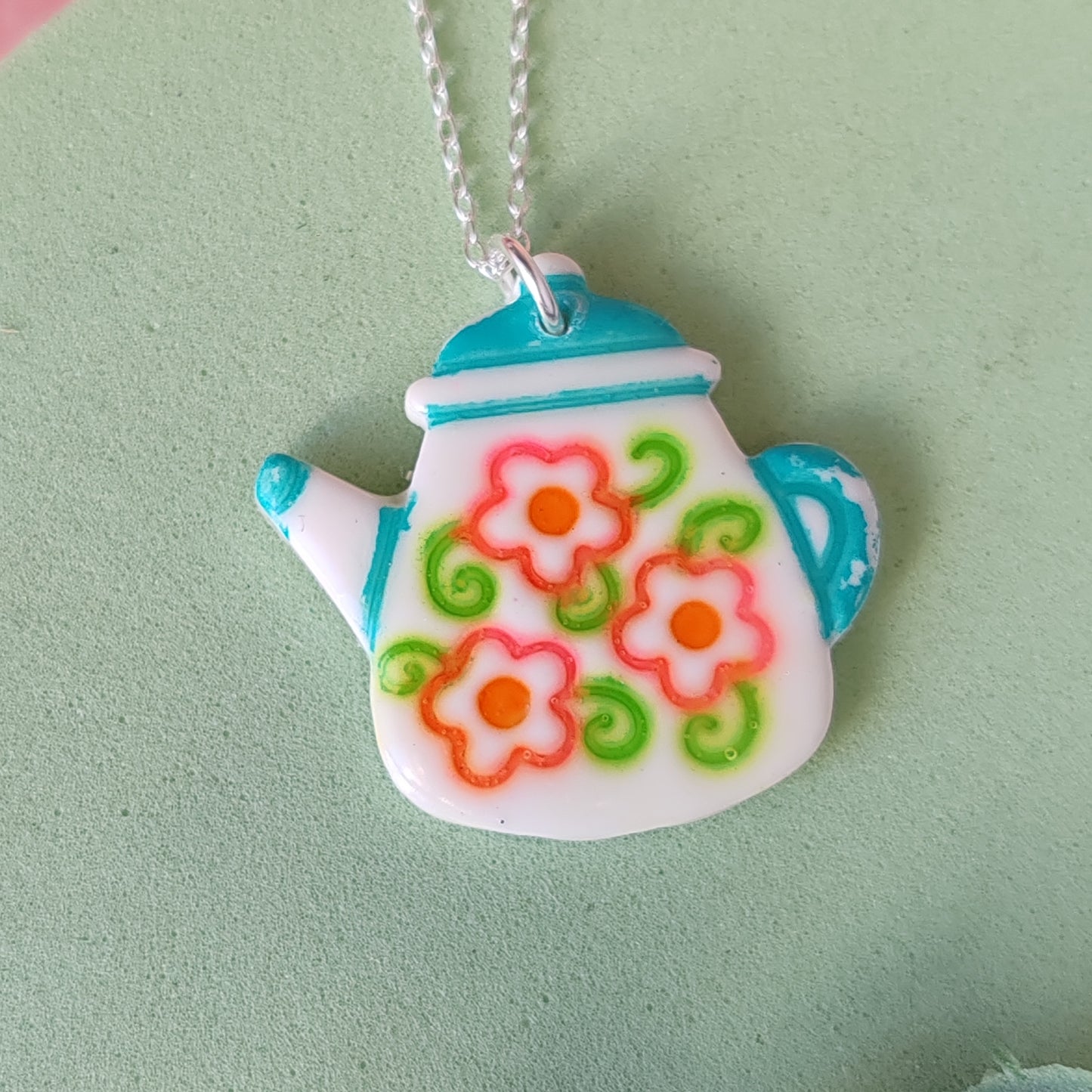 Handmade Polymer Clay Coffee Pot Necklace – Floral Folk Art Pendant on Sterling Silver Chain
