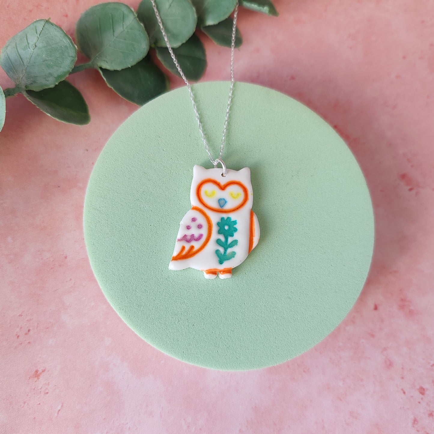 Handmade Polymer Clay Owl Necklace – Colourful Folk Art Pendant Jewellery
