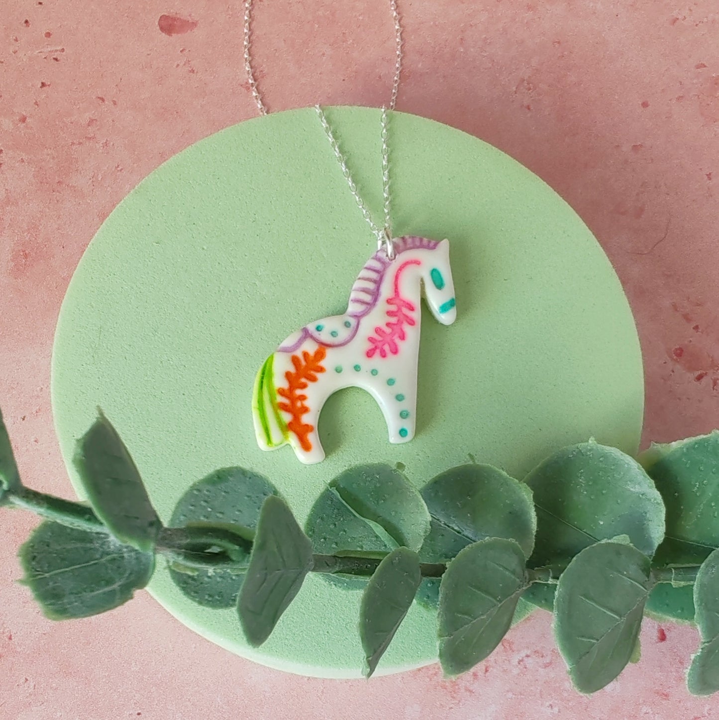 Handmade Folk Art Horse Necklace – Polymer Clay Pendant on Sterling Silver Chain