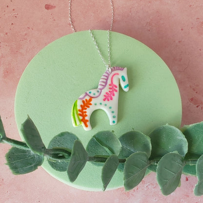 Handmade Folk Art Horse Necklace – Polymer Clay Pendant on Sterling Silver Chain