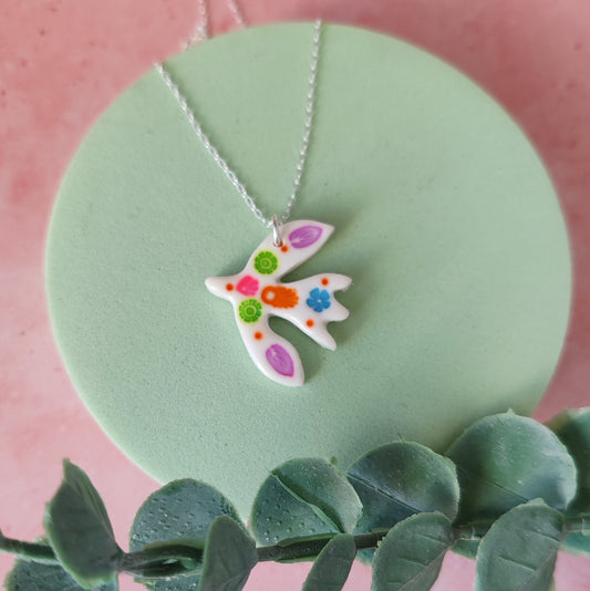 Colourful Folk Art Flying Bird Necklace – Handmade Polymer Clay Pendant on Sterling Silver Chain