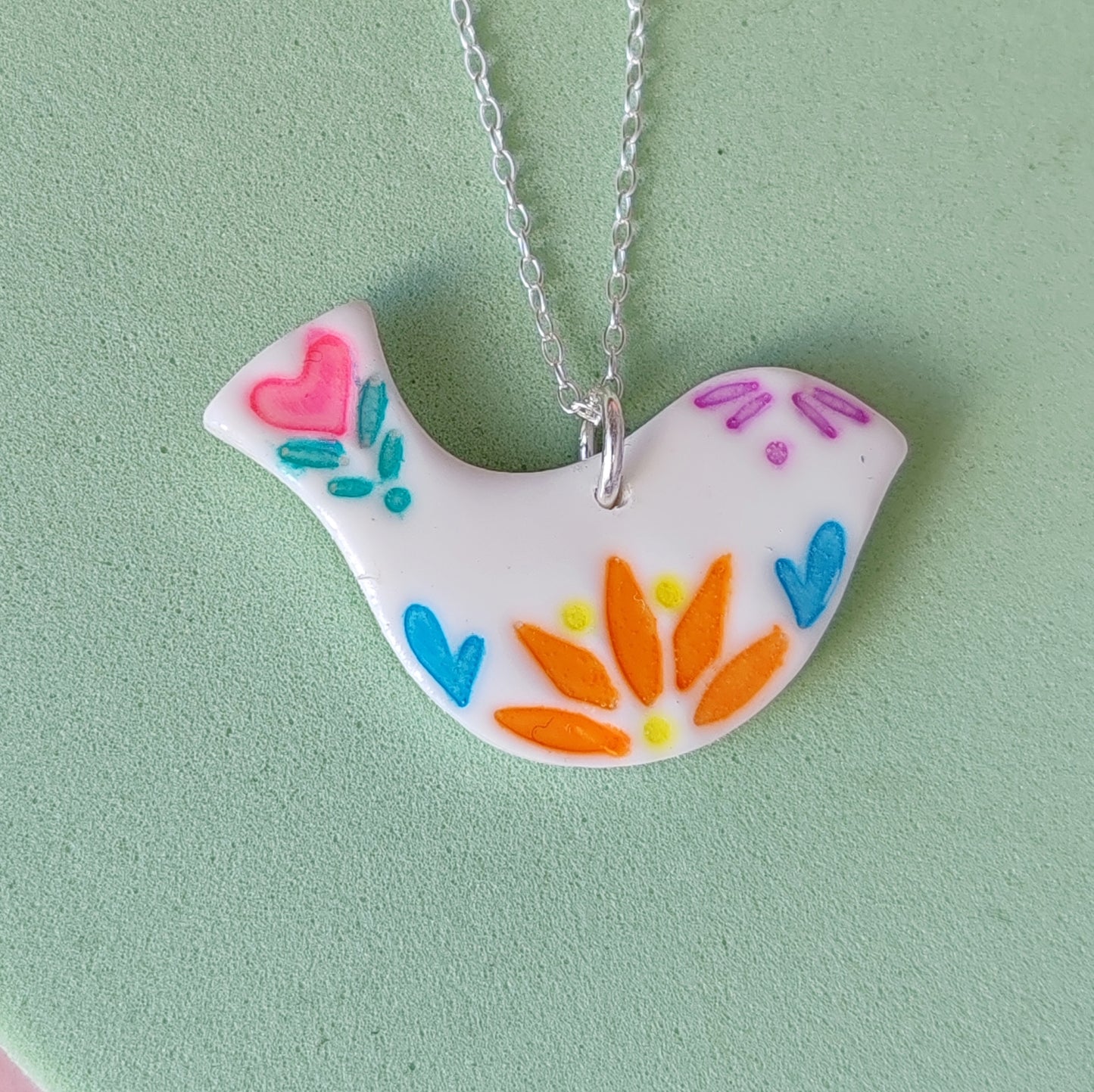 Handmade Polymer Clay Bird Necklace – Colourful Folk Art Pendant Jewellery