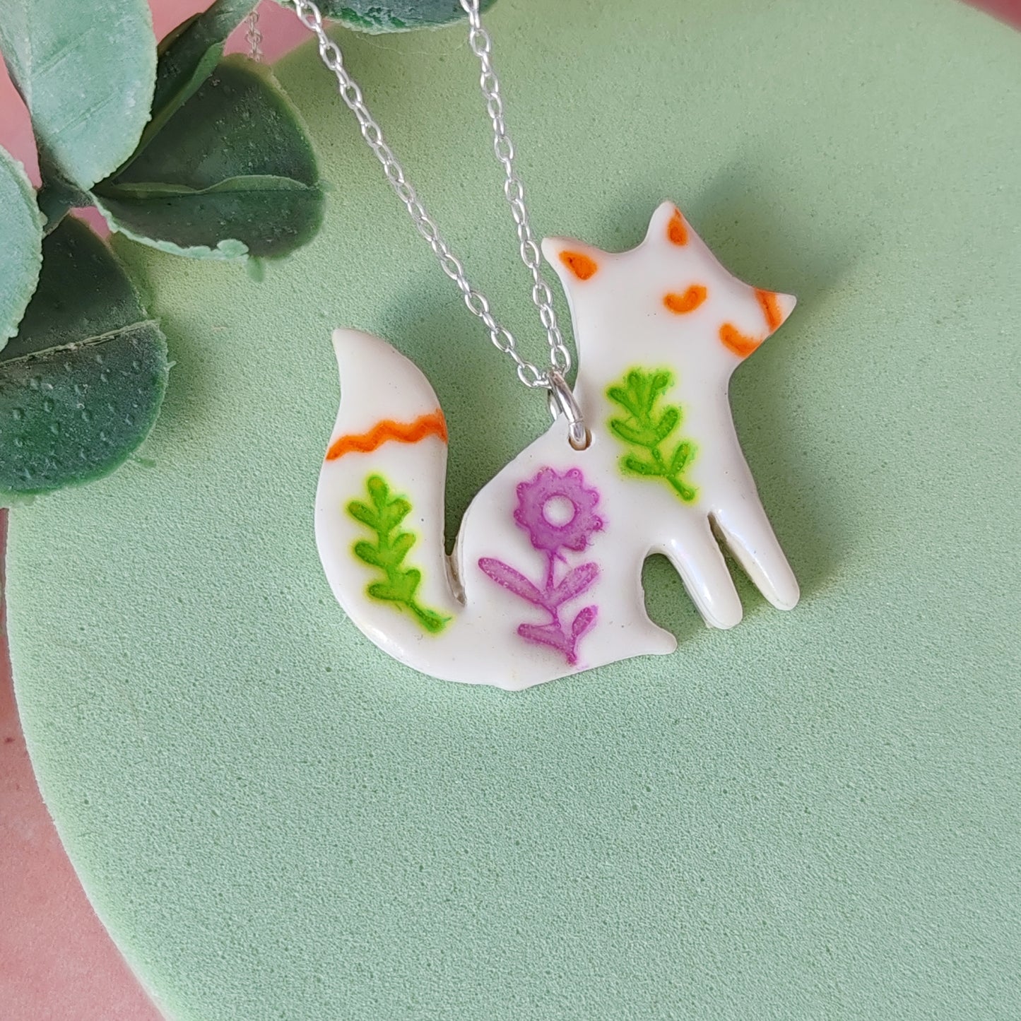 Handmade Polymer Clay Fox Necklace – Folk Art Pendant on Sterling Silver Chain