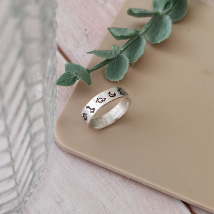 Stargazer Silver Ring | Celestial Astronomy Band | North Star Big Dipper Moon Saturn Ring | Handmade Sterling Silver