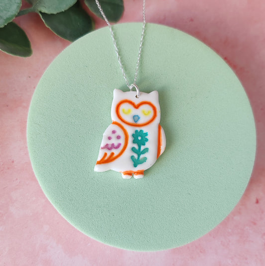 Handmade Polymer Clay Owl Necklace – Colourful Folk Art Pendant Jewellery