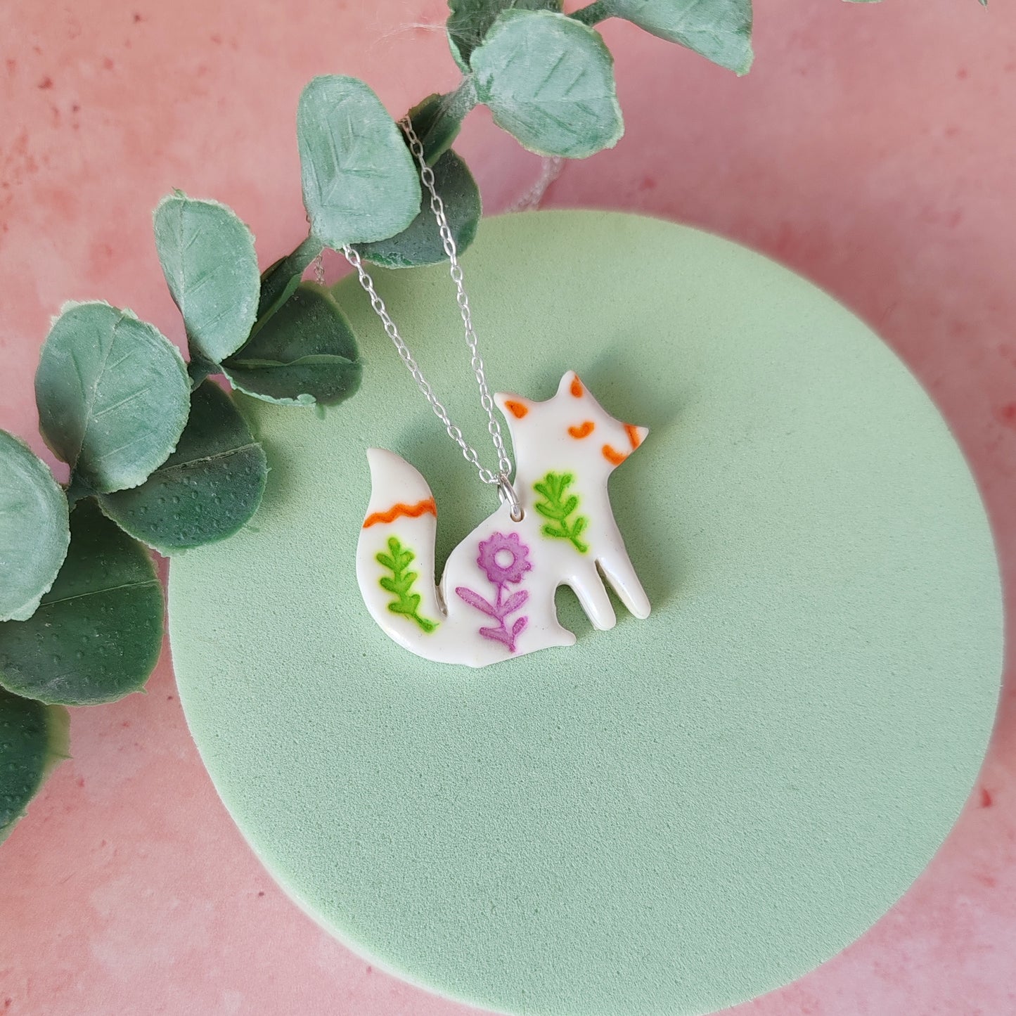 Handmade Polymer Clay Fox Necklace – Folk Art Pendant on Sterling Silver Chain
