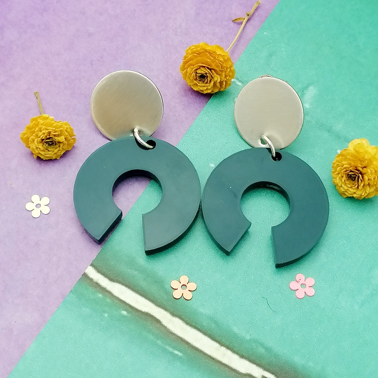 Contemporary Statement Round Arc Resin and Silver Earrings