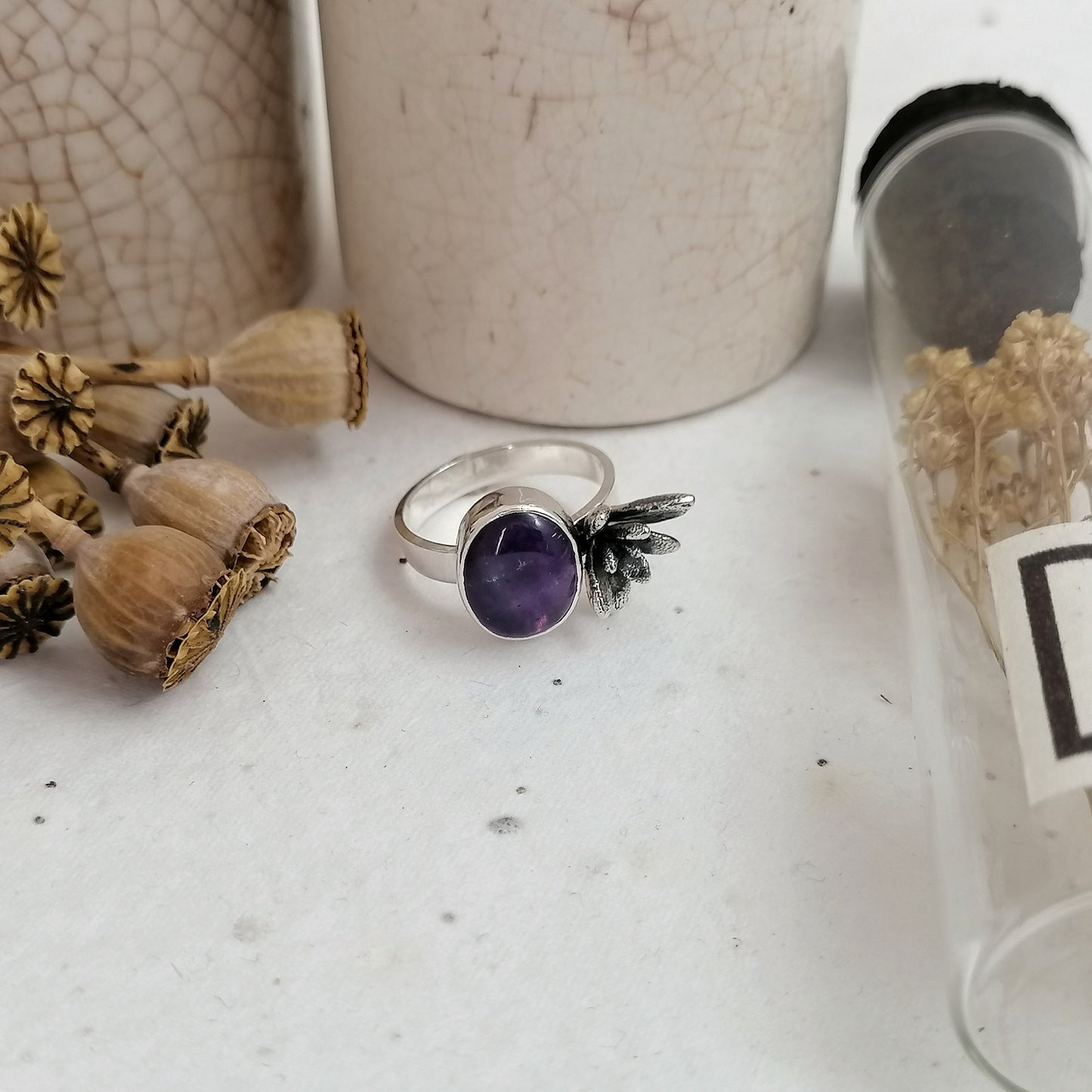 Amethyst and Succulent Ring size UK N US 6.5