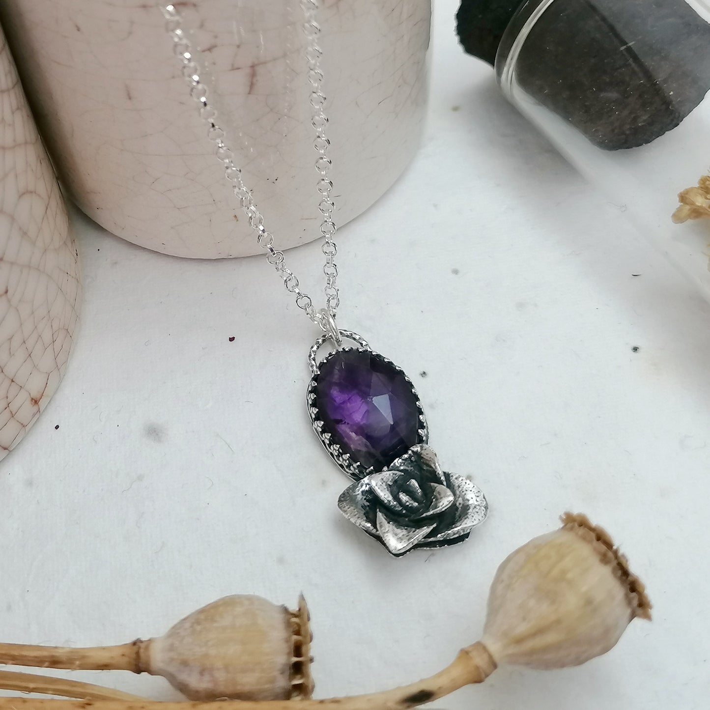 Amethyst and Rosette Succulent Necklace