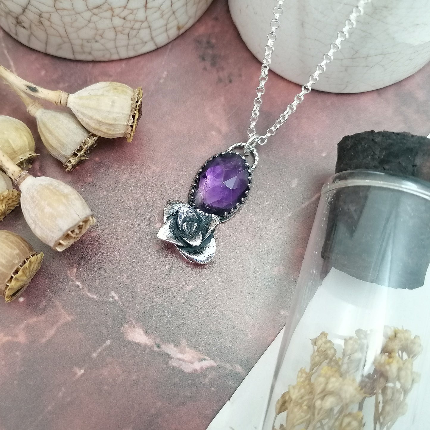 Amethyst and Rosette Succulent Necklace