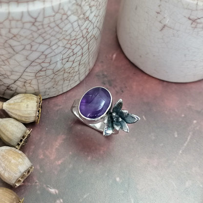 Amethyst and Succulent Ring size UK N US 6.5