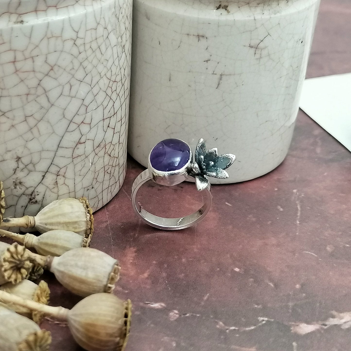 Amethyst and Succulent Ring size UK N US 6.5