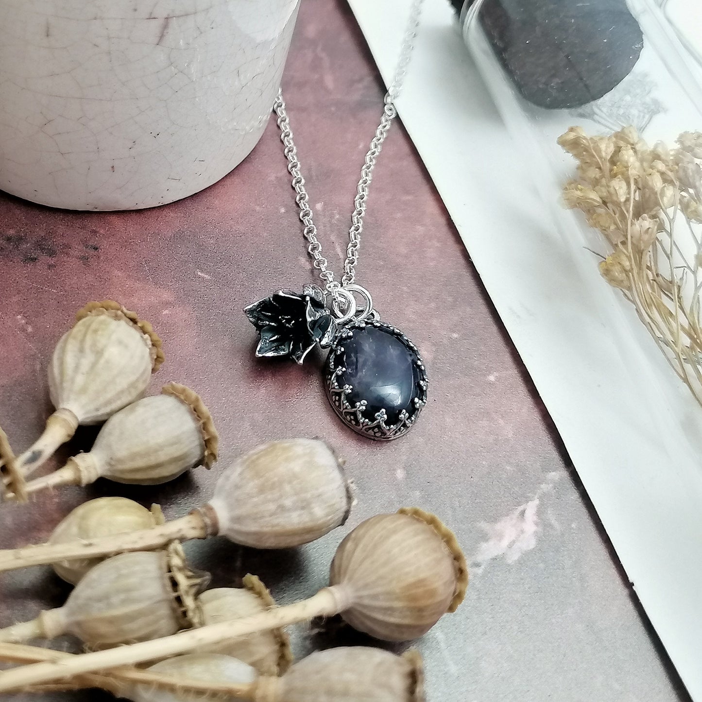 Amethyst and Flower Charm Necklace
