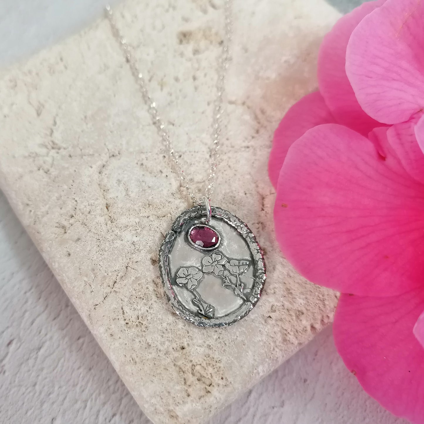 Forget Me Not and Garnet Necklace