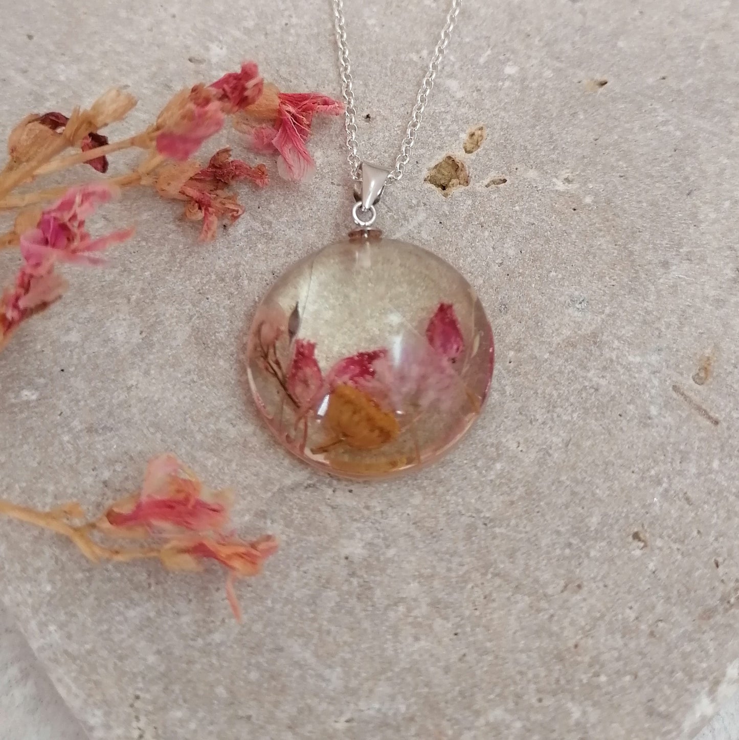Pretty In Pink Domed Real Flower Necklace