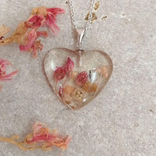 Pink Heart Real Flower Necklace